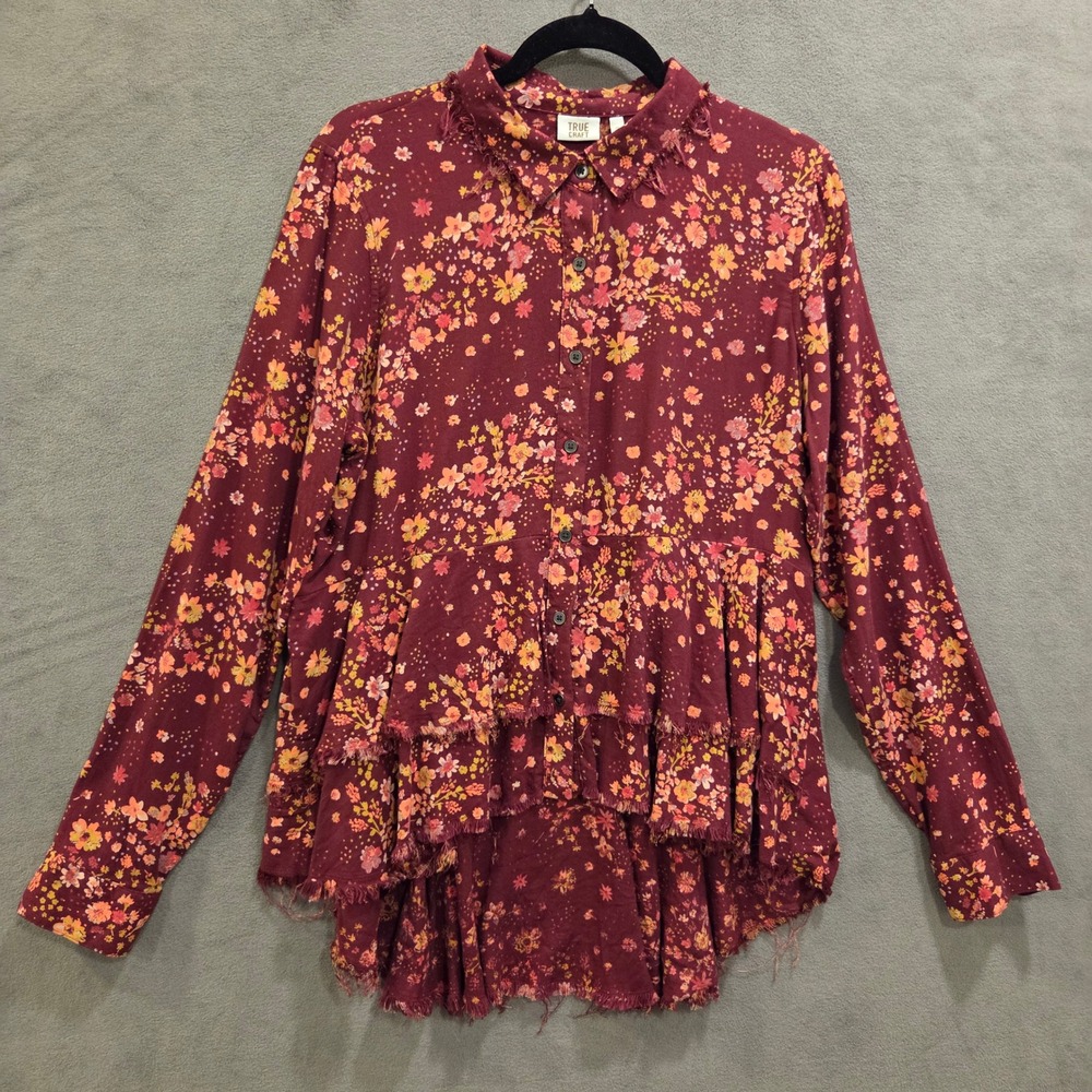 True Craft Floral Button Down Shirt Women's Size XL Raw Hem Boho Cottage Rustic